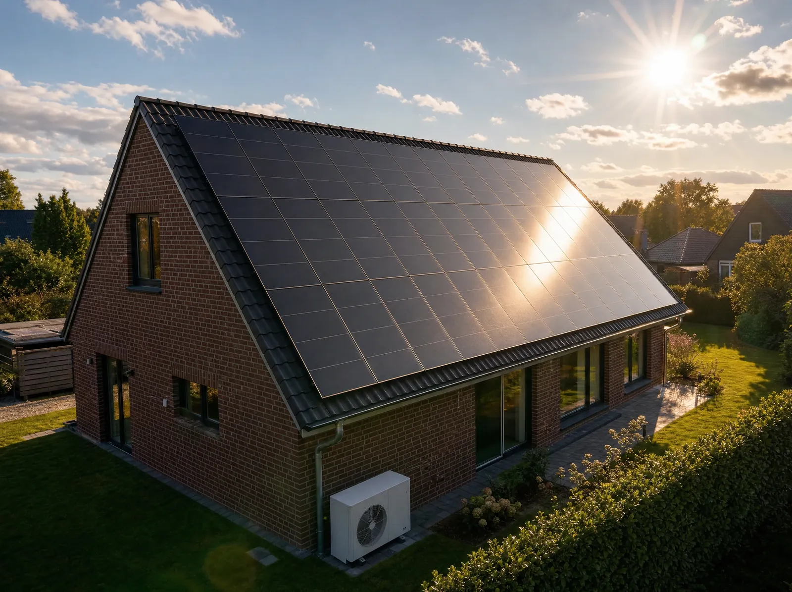 Klinkerhaus in Hamburg mit schwarzen Solarmodulen auf dem Dach, die tief stehende Sonne scheint auf die Module