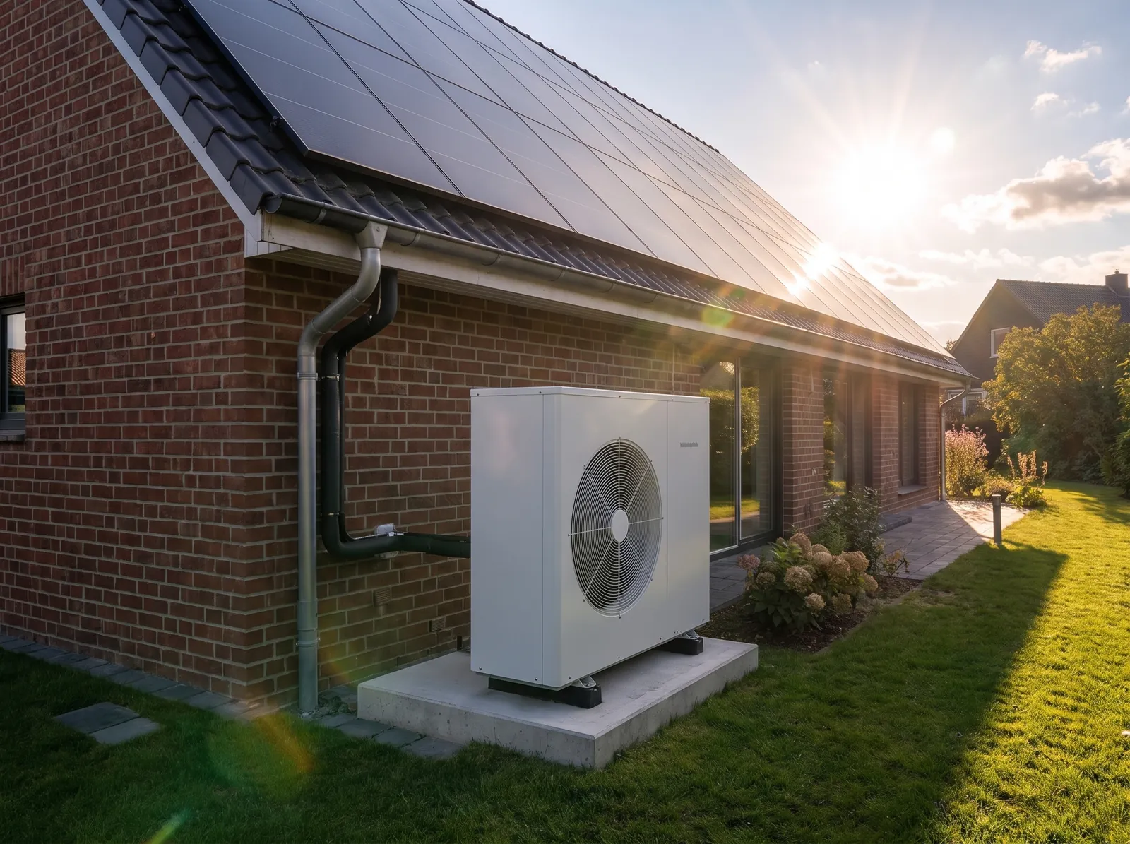 Weiße Luft-Wärmepumpe auf einem Betonsockel im Garten eines Klinkerhauses, darüber das Solardach in der Abendsonne