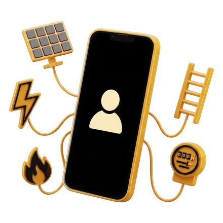 Smartphone mit Personensymbol, verbunden mit Solarmodul, Blitz, Flamme, Leiter und Stromzähler: ein Ansprechpartner für alle Gewerke