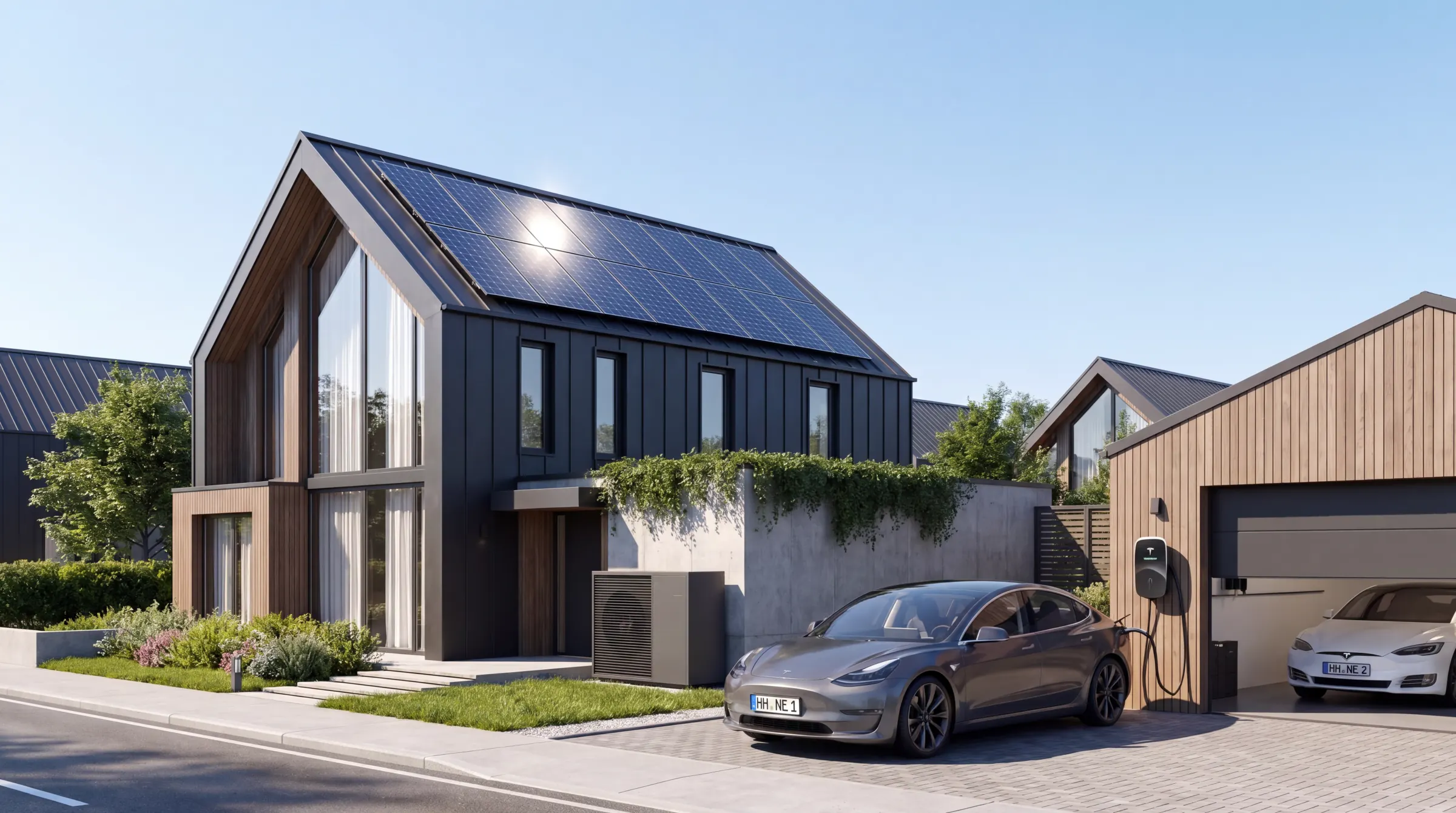 Modernes Einfamilienhaus mit Photovoltaik auf dem Dach, Wärmepumpe an der Fassade und ladendem Elektroauto in der Einfahrt