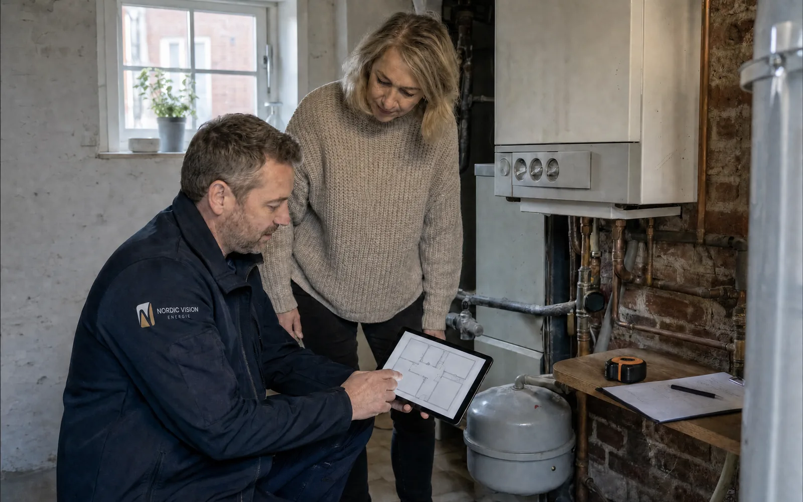 Ein Techniker prüft im Keller den alten Gaskessel und zeigt der Hausbesitzerin den Plan auf dem Tablet