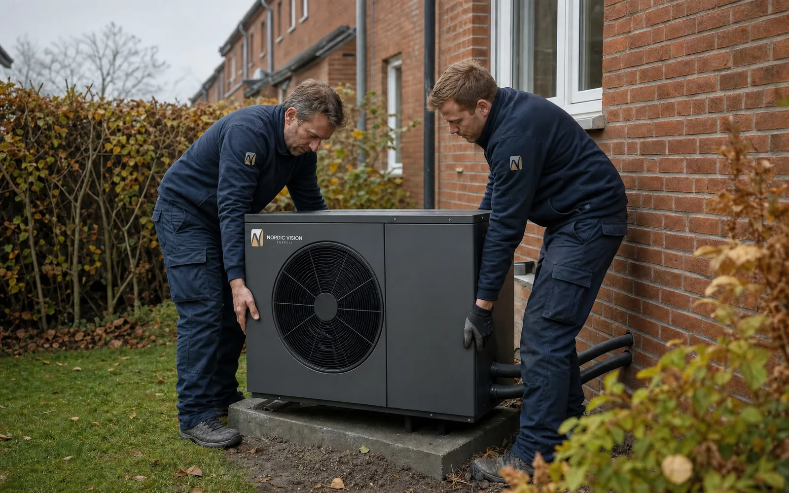 Zwei Monteure stellen die Außeneinheit der Wärmepumpe im Garten neben einem Klinkerhaus auf den Sockel