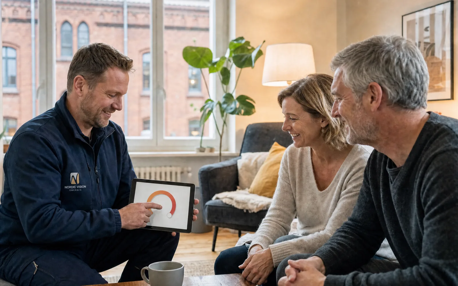 Ein Techniker zeigt einem Paar im Wohnzimmer die Heizungs-App auf dem Tablet