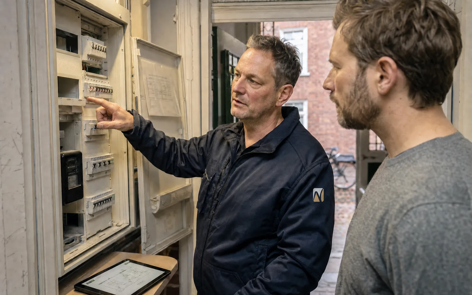 Ein Elektriker prüft den Zählerschrank und zeigt dem Hausbesitzer, wo die neue Absicherung hinkommt