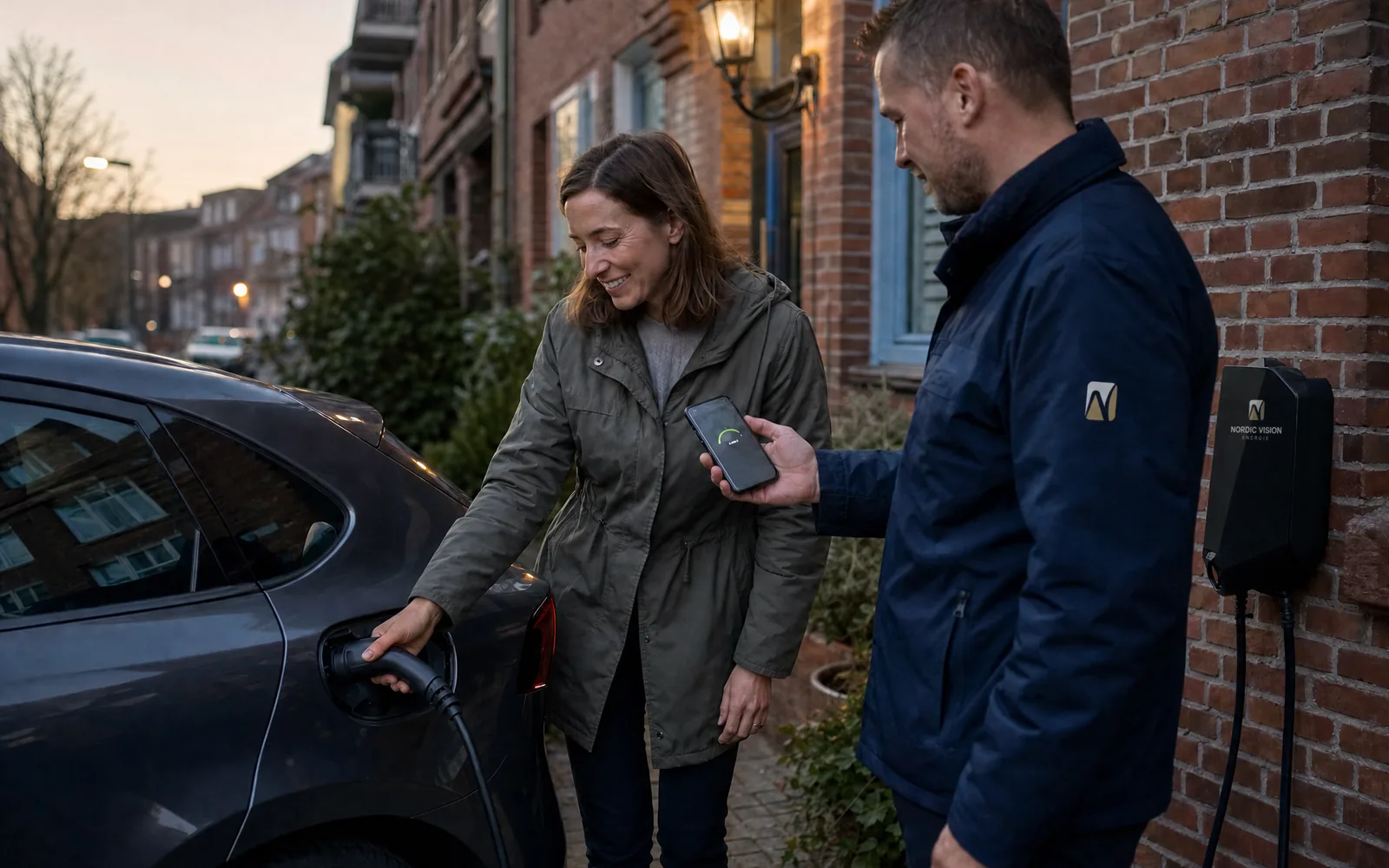 Eine Hausbesitzerin steckt das Ladekabel ins Auto, der Techniker zeigt ihr die Lade-App